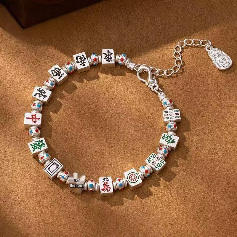 Sterling Silver Enamel Mahjong Thirteen Orphans Bracelet - Women s Niche Design, Chinese Style Gift Silver 999