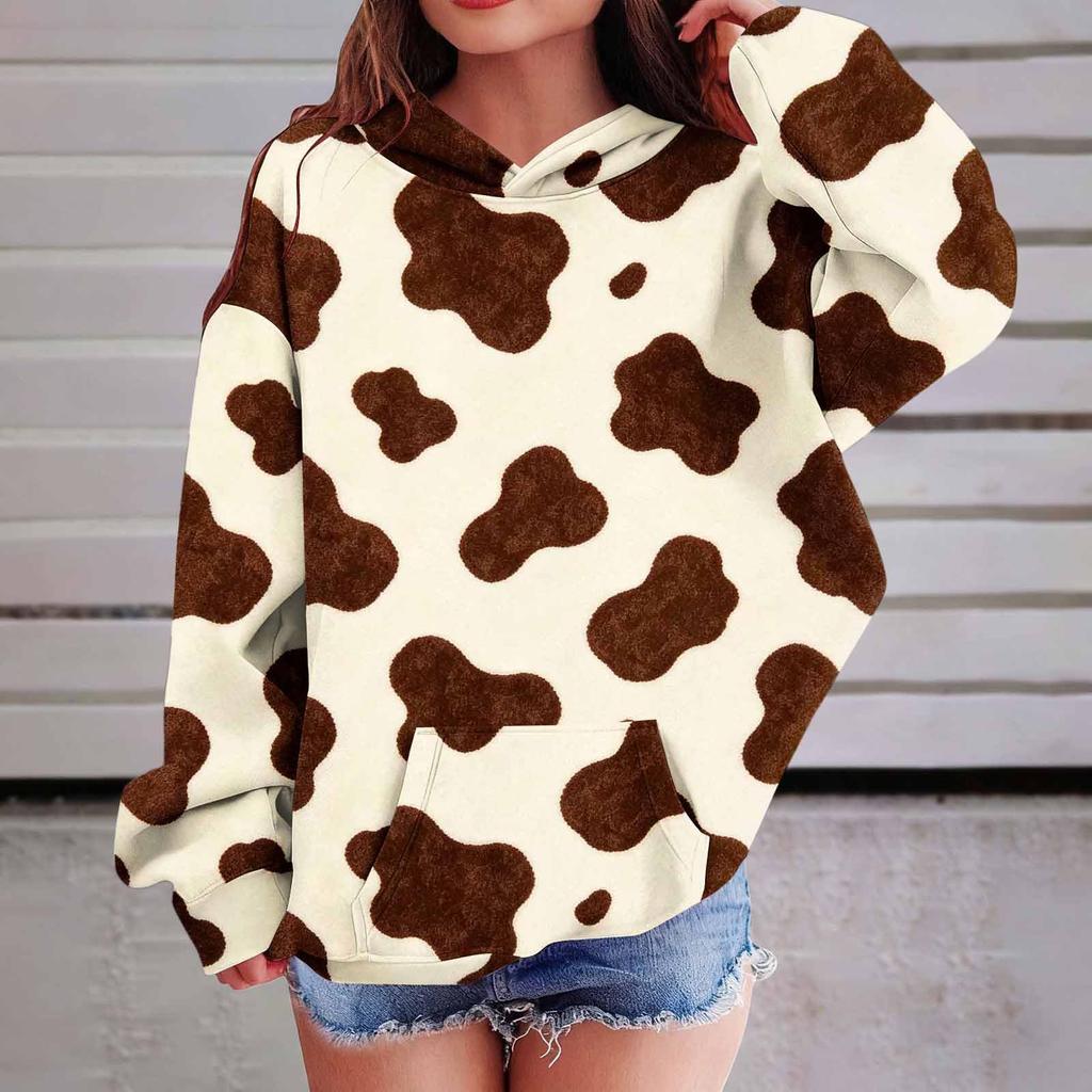 Kids Hooded Cow Print Pullover Sweatshirt for Boys Girls with Pockets Loose Fit