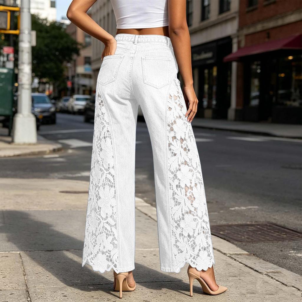 Women's Casual Lace Patchwork Jeans with Cutout for Versatile Everyday Wear