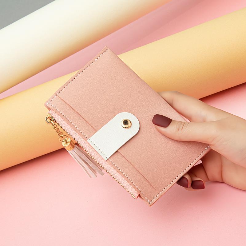 Carteira Mini Feminina Estilo Coreano com Borla, Vários Compartimentos para Cartões e Costura Contrastante.