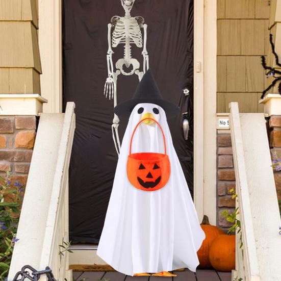 Ghost Goose Outfit Halloween Porch Goose Clothes with Witch Hat And Pumpkin Bucket for 23" Goose Statue Outdoor Patio Yard Lawn Decoration