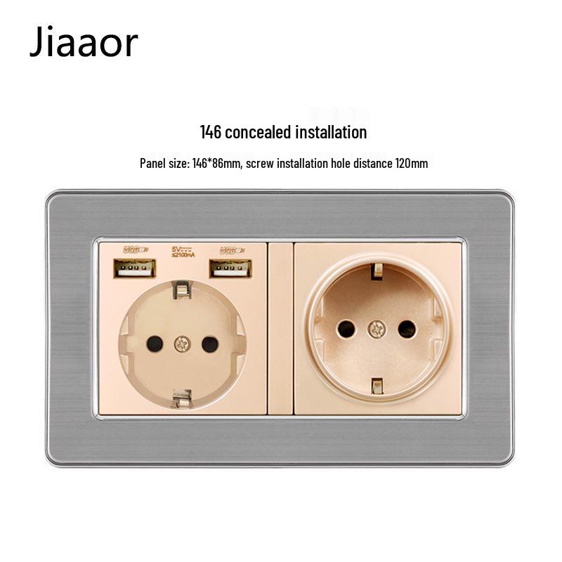 Type 146 Dual USB 16A Two-Gang European Power Socket Panel with German Standard Switch (Concealed)