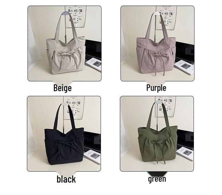 Fashionable Canvas Shoulder Handbag with Bow Accent and Wrinkled Texture – Large Capacity Tote/School Bag