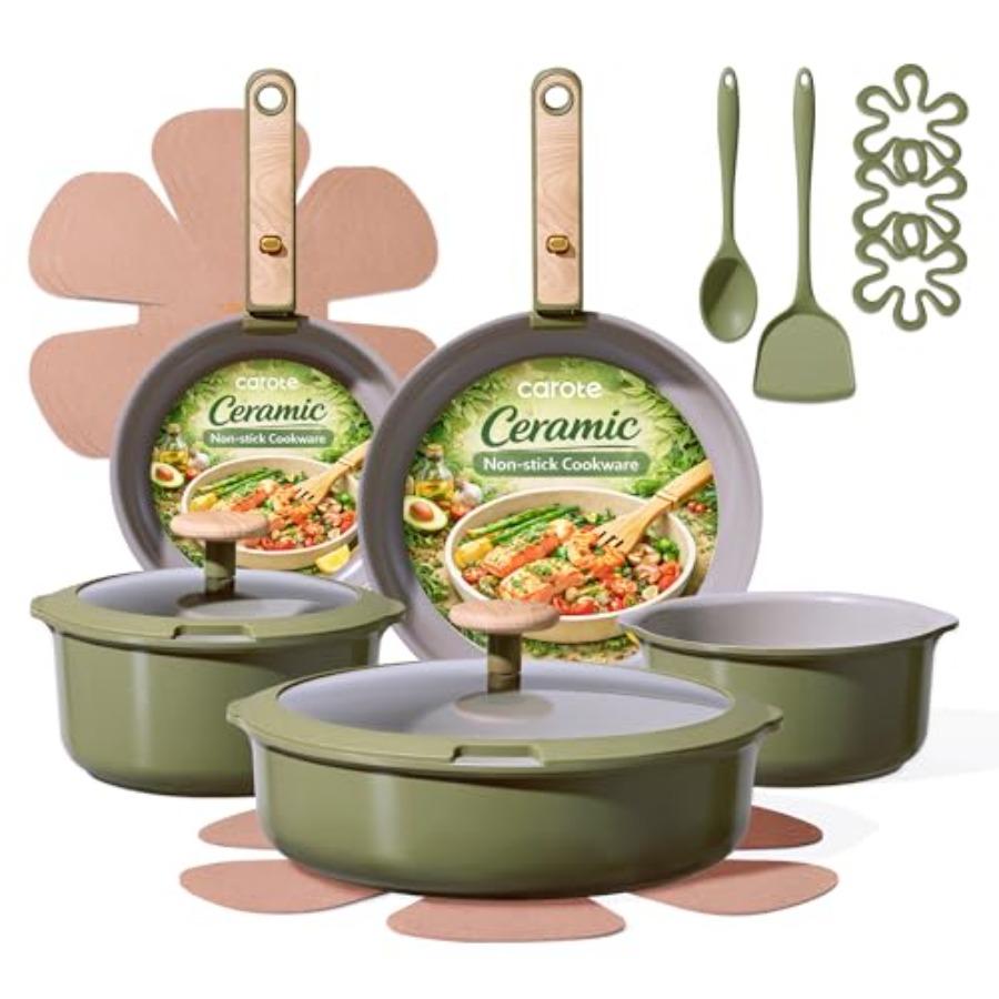 18 Pcs Ceramic Cookware Set Detachable Handle Non Toxic Pots and Pans Set Non Stick Induction Kitchen Cookware Removable Handle зелёный