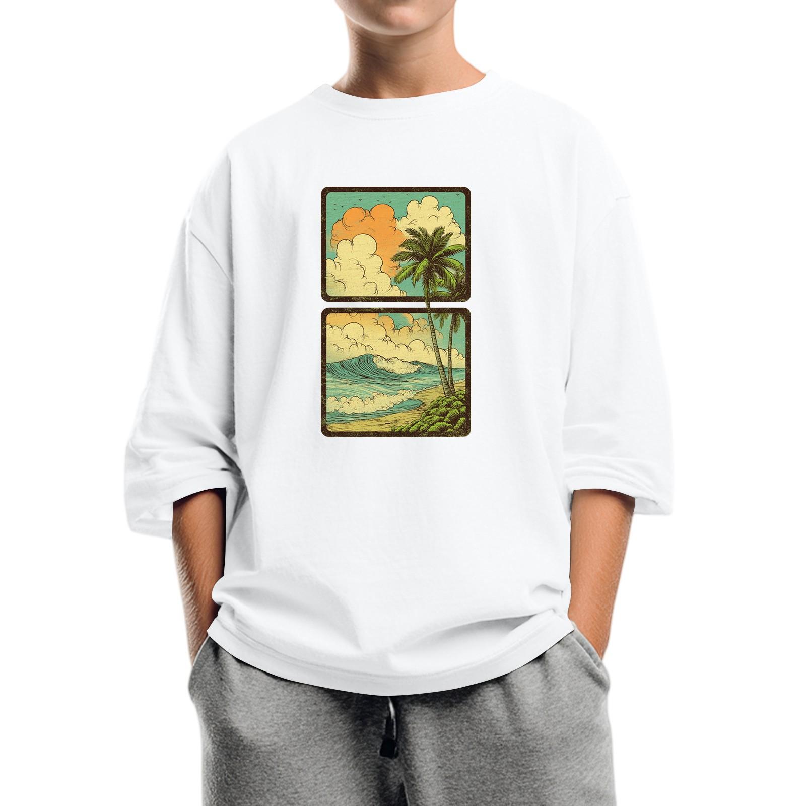 

Детская мода Принтованный топ с круглым вырезом и рукавом семь восьмых Повседневная футболка 160 белый