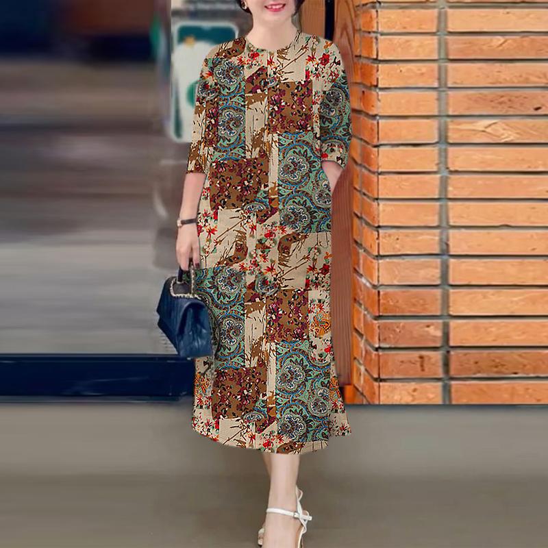 ZANZEA Women Casual Round Neck 3/4 Sleeve Loose Print Dress