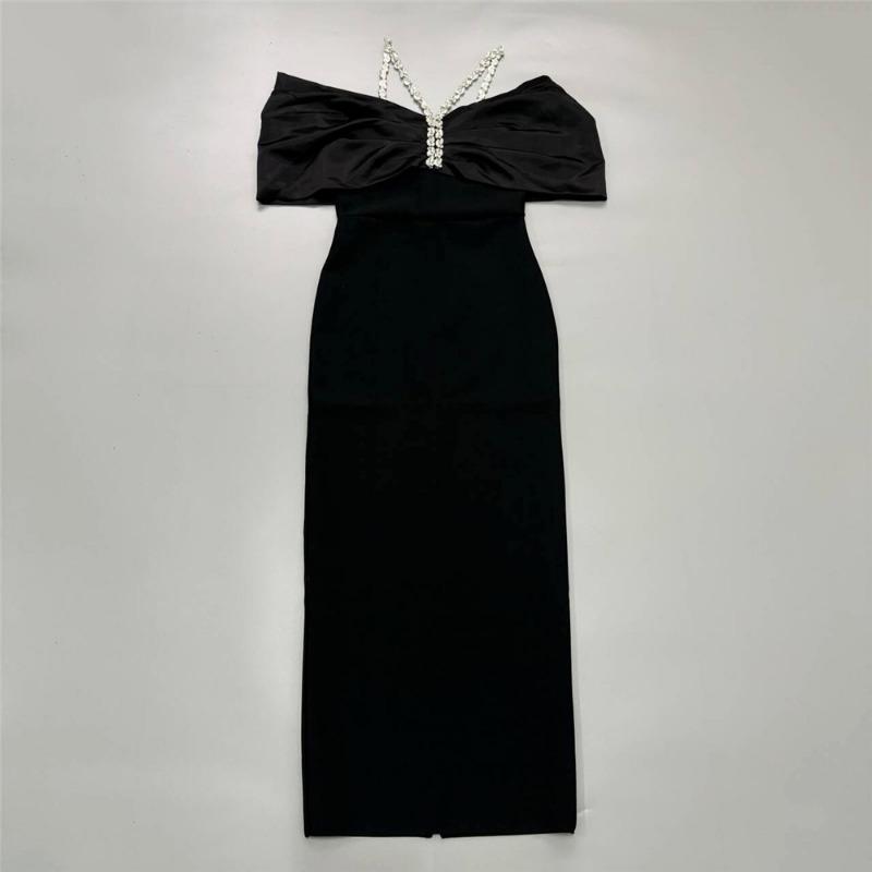 New Sexy Design Bandage Dress Neck Evening Dress with Diamonds Shoulder Slim Long Women's Clothing