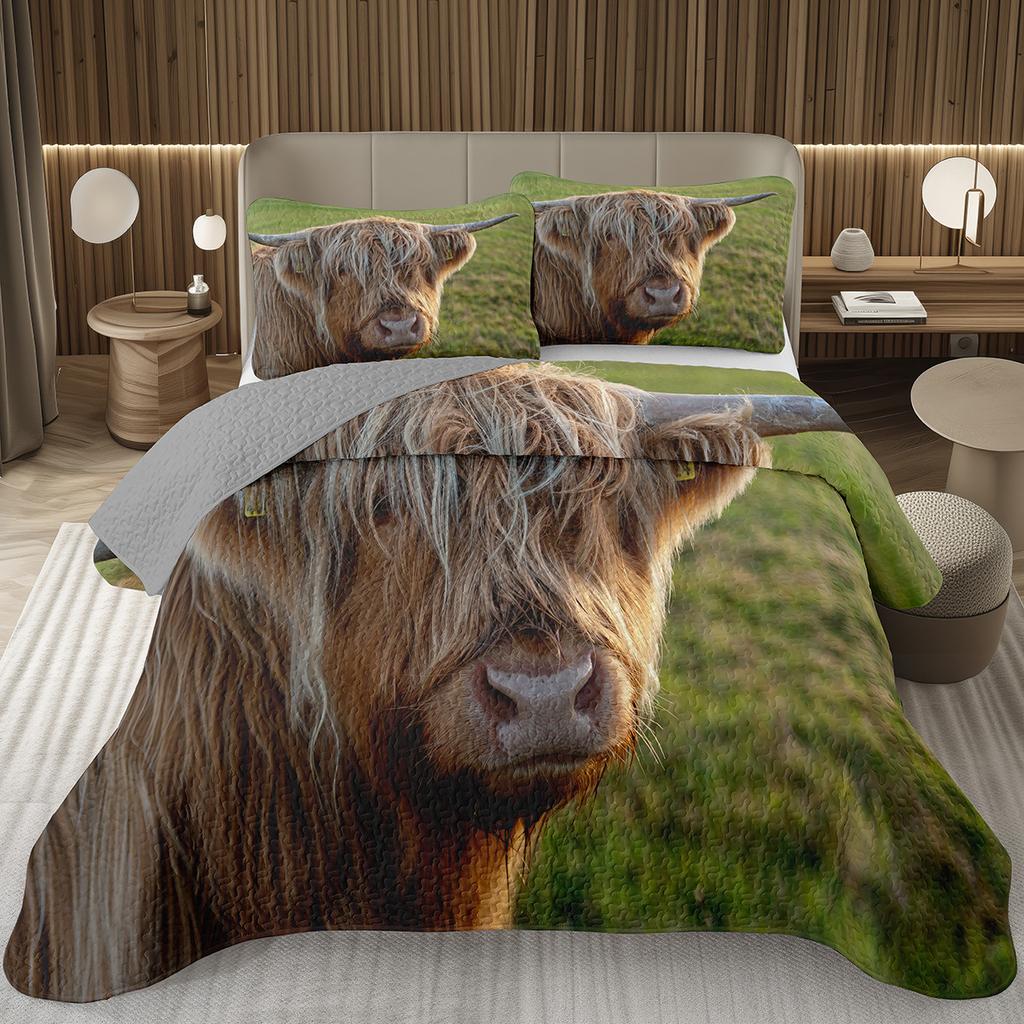 Hochlandkuh Tagesdecke Twin/King Bauernhoftier Stier Rind Überwurf Rustikaler Landhausstil Gestepptes Bettwäscheset Wendbare Tagesdecken
