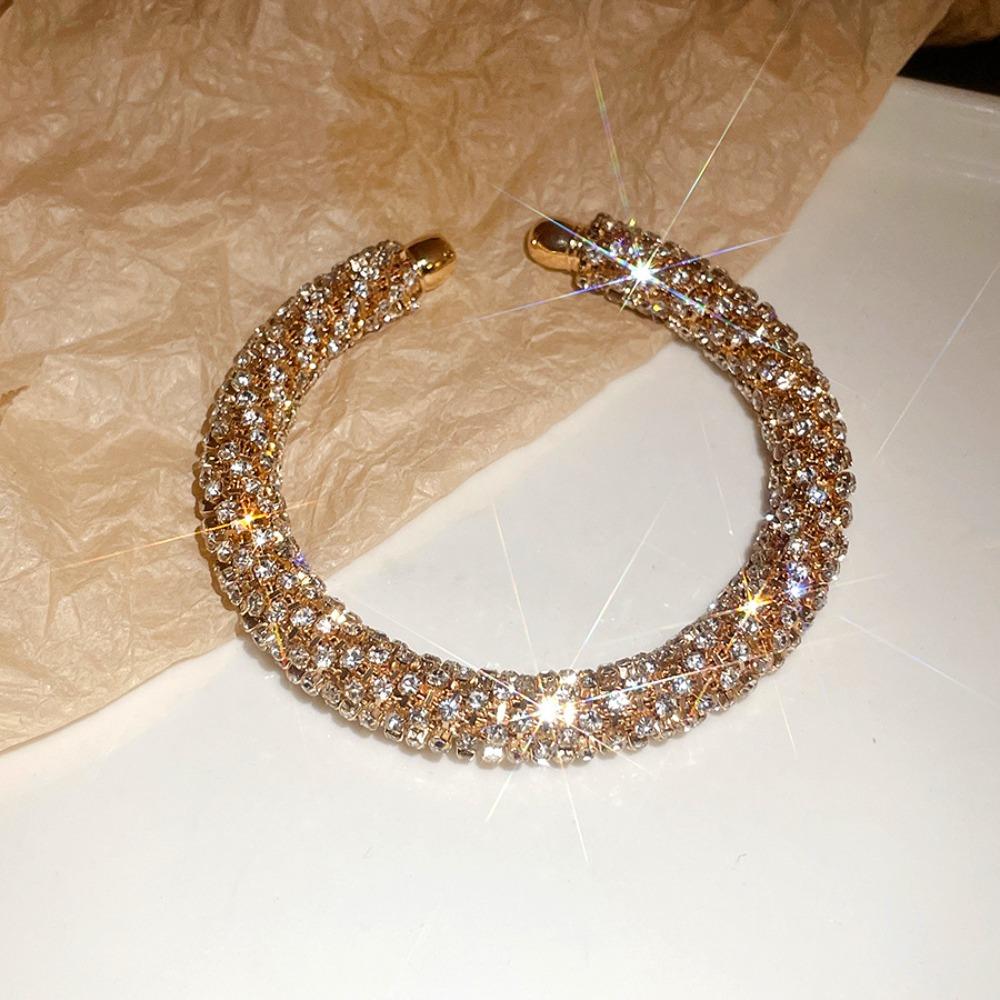 Gold Rhinestone Bangle Round Open Bangle Luxury Cuff Bracelet  Gift