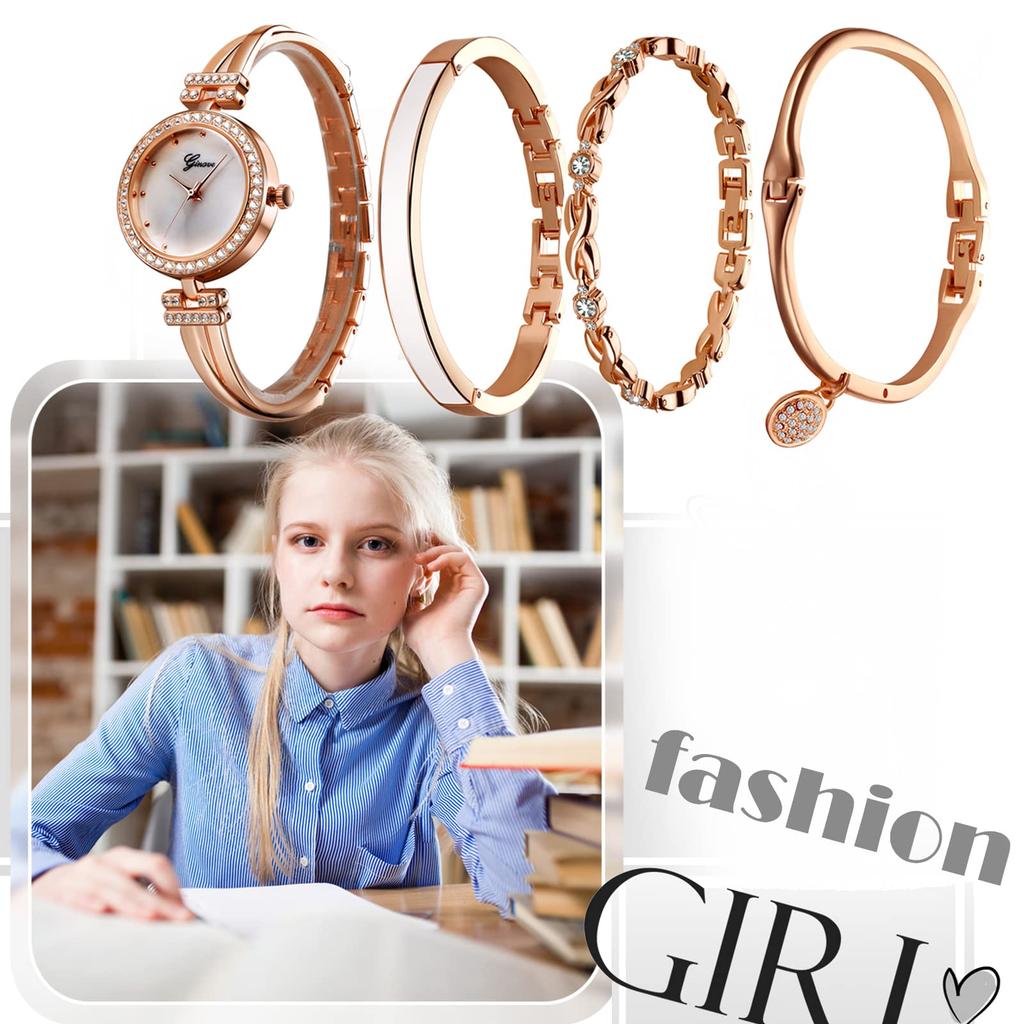 Und süßes Armreif-Uhren-Set mit analoger Anzeige und wasserdichtem Roségold. Ein tolles Geschenk für und Einfache, beliebte, stilvolle, 4-teilige Damen-Akzente.