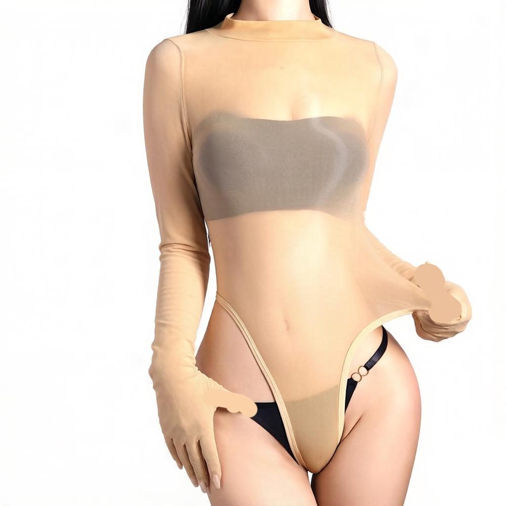 Women Glove Sleeve High Cut Bodysuit 5D Oil Glossy Shiny Open Crotch Tights Elastic Yoga Shaping Maid One Pieces Thong Leotard