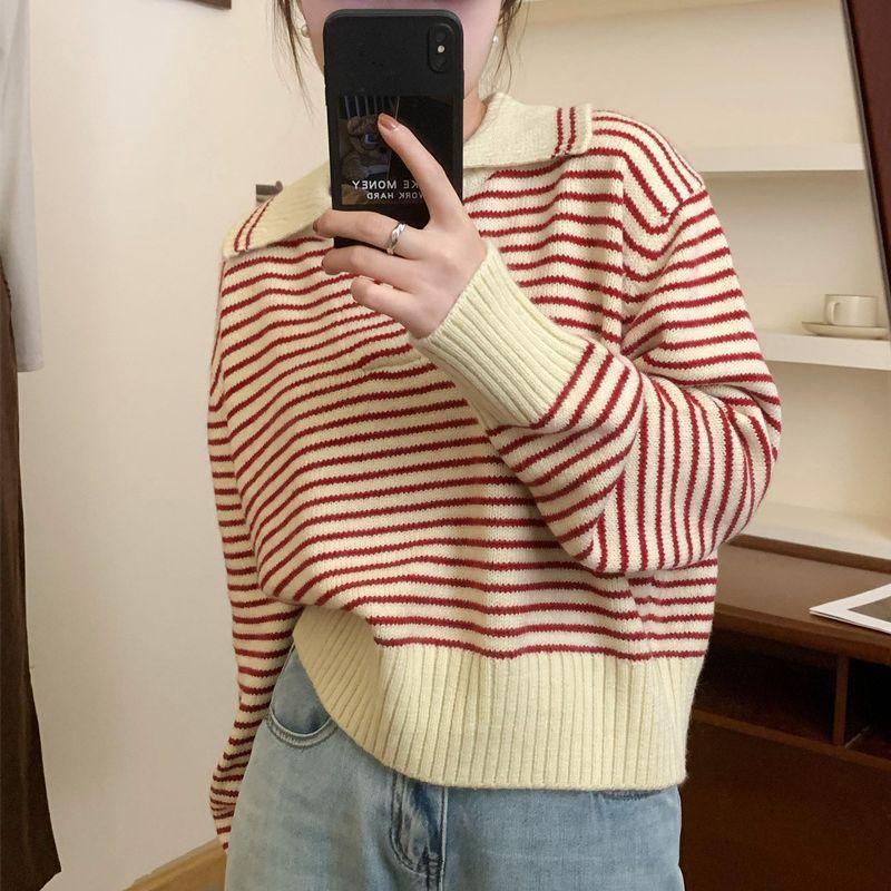 Podzimní dámský svetr vysokoškolský styl pletený top volný úzký pruhovaný svetr s dlouhým rukávem