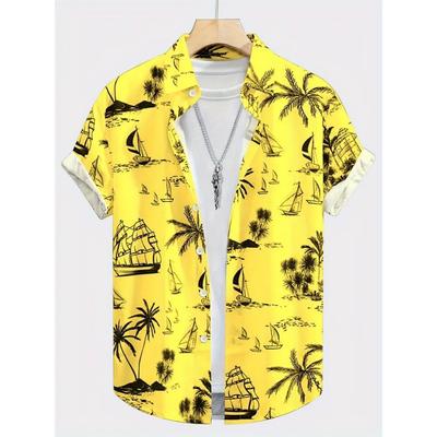Sommer Herrenhemd Kokospalme 3D-Druck Lässig Kurzarm Revers Oberteile Strand Lässig Hawaiihemd Herren Übergröße Hemden für Herren