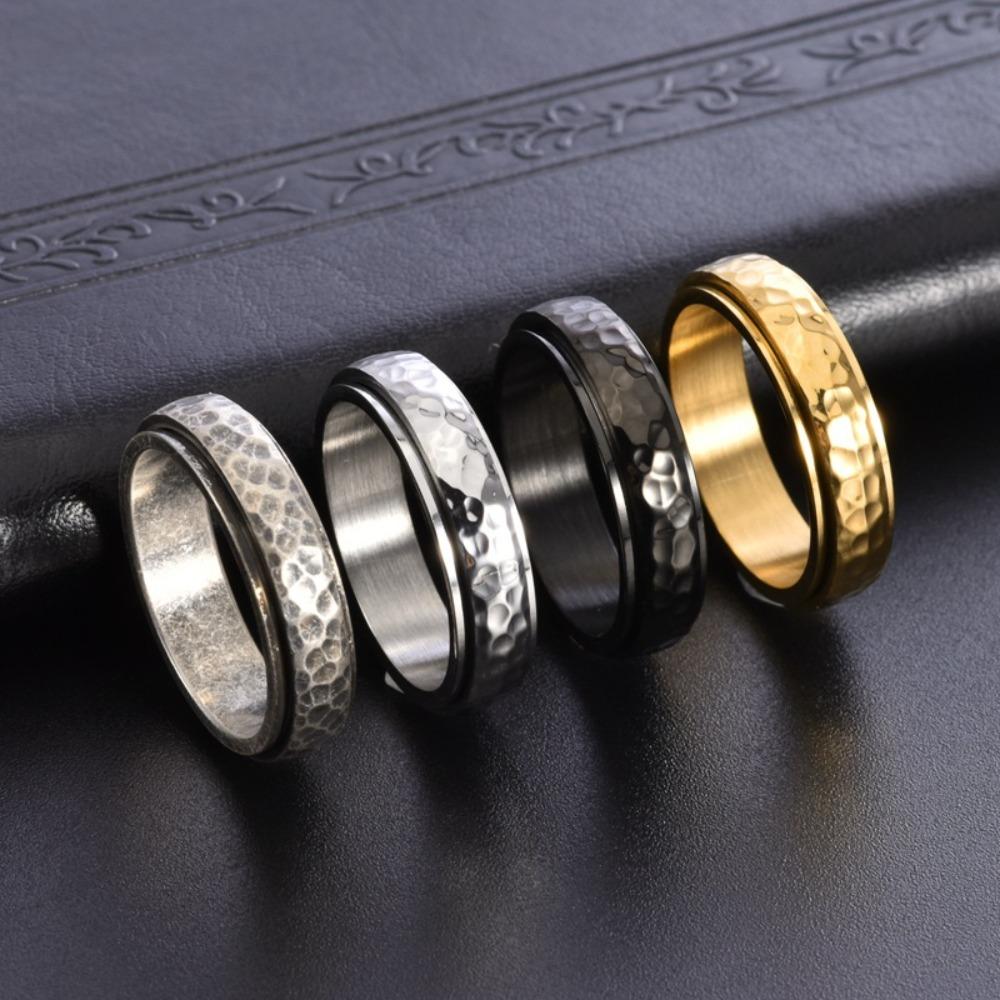 Vintage Handmade Hammered Texture Rotating Titanium Steel Men Unisex Honeycomb Ring