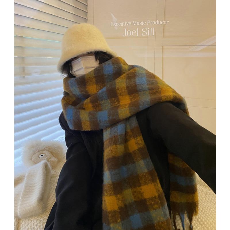 High sense gradual change color black and white striped mohair extended large version scarf imitation cashmere thickened warm shawl