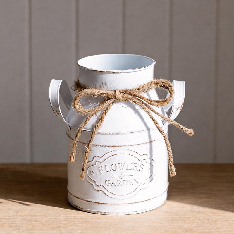 Vintage Distressed Tin Flower Pot with Hemp Rope Bow - French Ins Style Vase