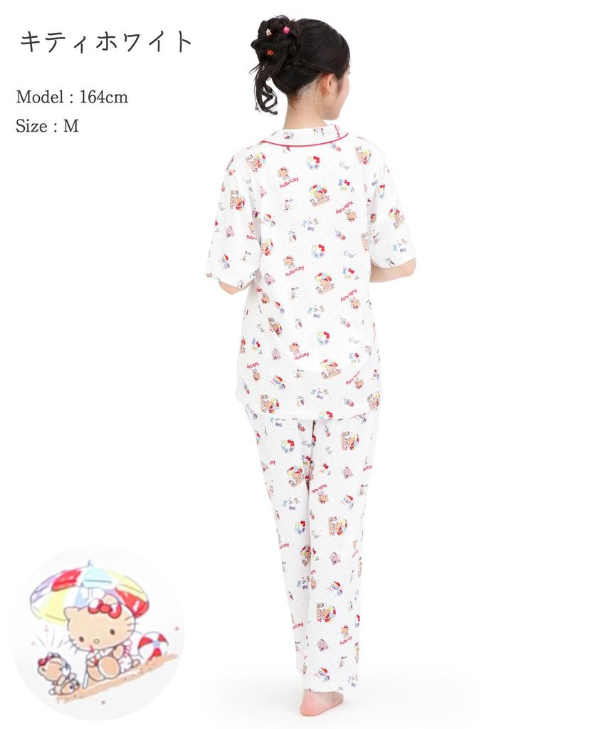 Peach Side Hello Kitty Shirt Short Long Top and Bottom Room Wear [SAZAC] Pajamas, 100% Cotton, Broadcloth, Women's, Sleeves, Pants, Set, Loungewear,