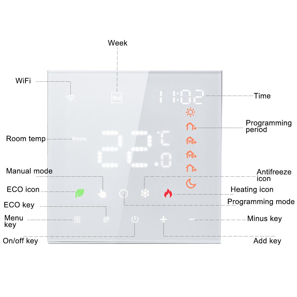 Smart Thermostat 3A Digital Programmable LCD Display Touchscreen Underfloor Heating Temperature Controller Digital Intelligent Wall Thermostat for Wat