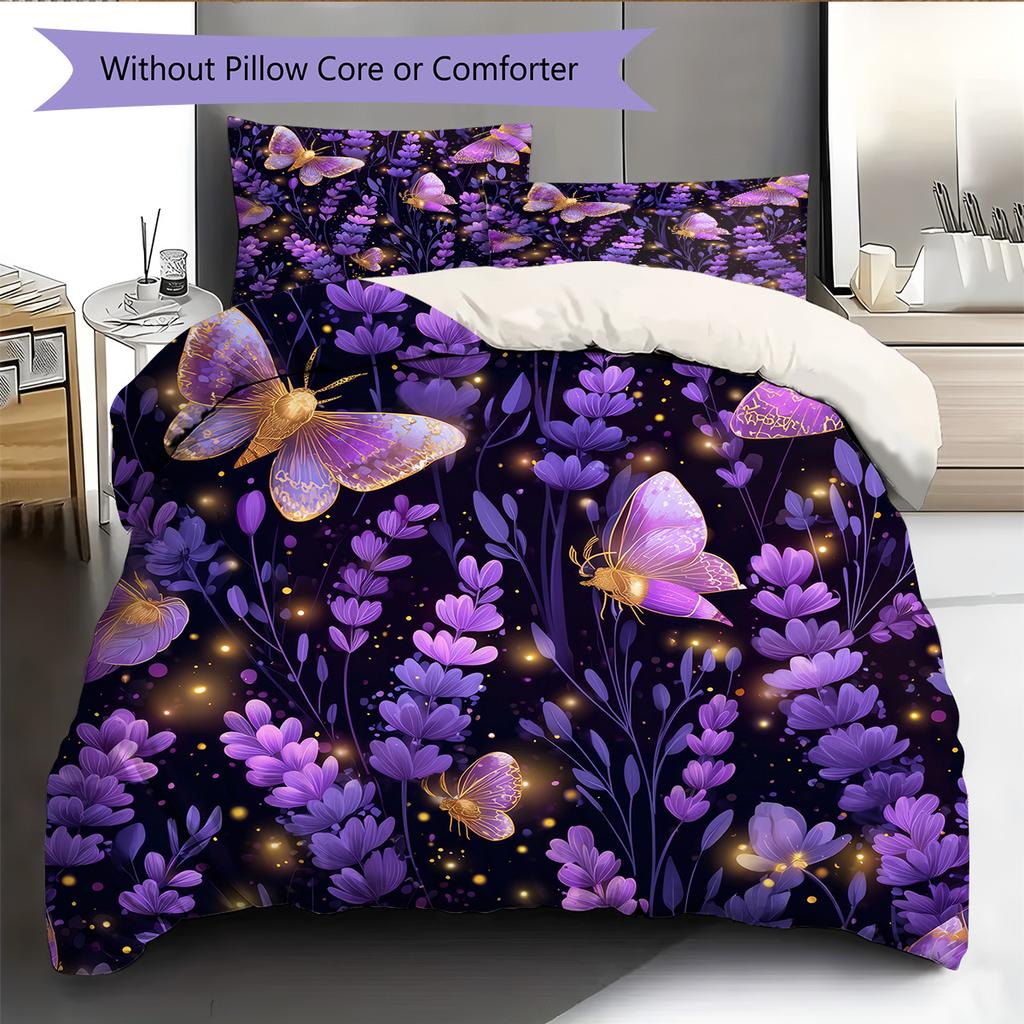 Fialový květ motýlí vzor Sada povlečení prošívaná přikrývka Povlak na přikrývku Povlak na polštář Domácí dekorace Dárek (1 * povlak na peřinu + 2 * povlak na polštář, bez jádra)