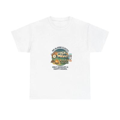 No Alarm Clocks Campervan T Shirt RV Happy Hours Camping Heavy Cotton Vintage Washed Stylish Graphic Designer Clothes Casual