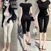 Women's High Rise Capri Pants Solid Color Slim Fit Cropped Trousers Medium Stretch Side Slit Denim Shorts For Spring Daily Wear