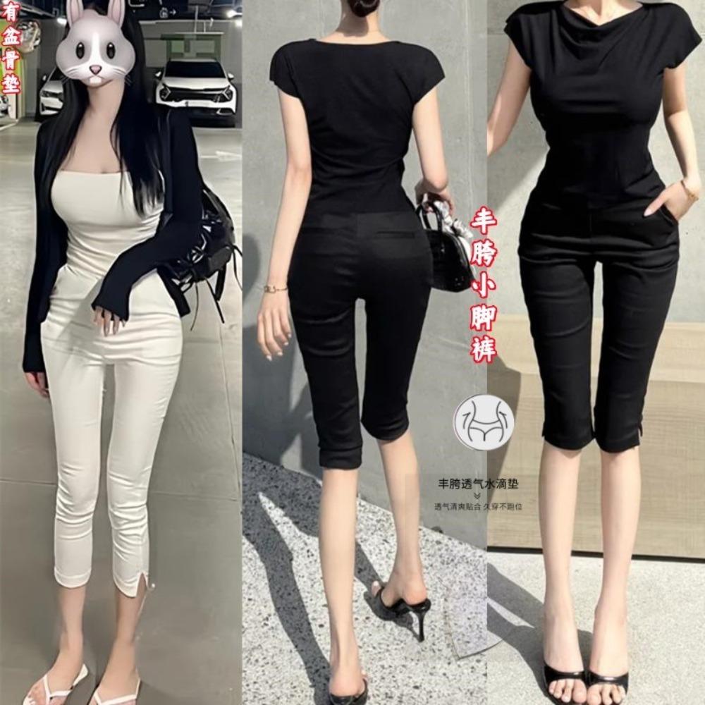 Women's High Rise Capri Pants Solid Color Slim Fit Cropped Trousers Medium Stretch Side Slit Denim Shorts For Spring Daily Wear