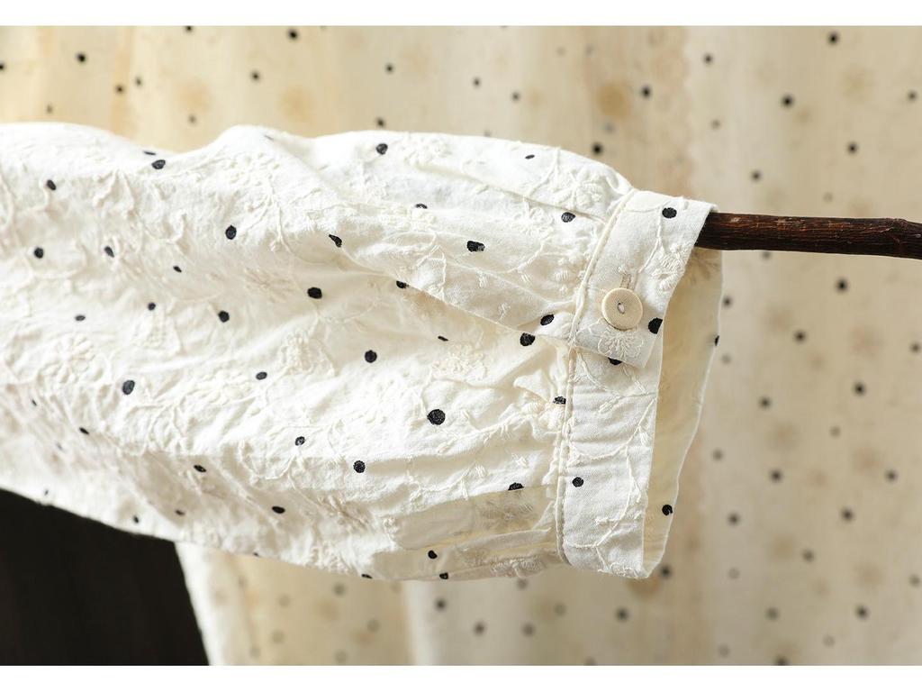 Women's Spring 2026 Polka Dot Lace Collar Cotton Shirt with Embroidered Jacquard Design