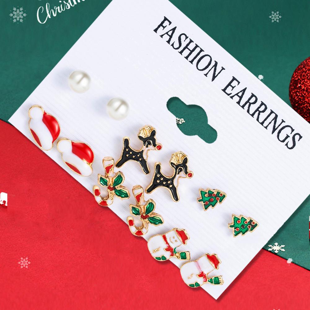 6 Perechi De Cercei De Crăciun Cerb De Crăciun Pălărie De Crăciun Brad Om De Zăpadă Picurare Ulei Desen Animat, Cercei Dulci Și La Modă