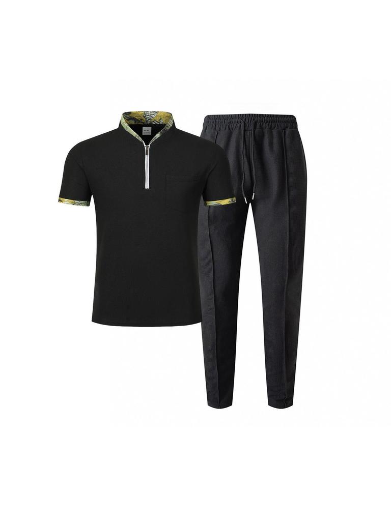Men's Waffle Knit Stand Collar Zip Color Block Sports Set - Short Sleeves & Long Pants (2026)