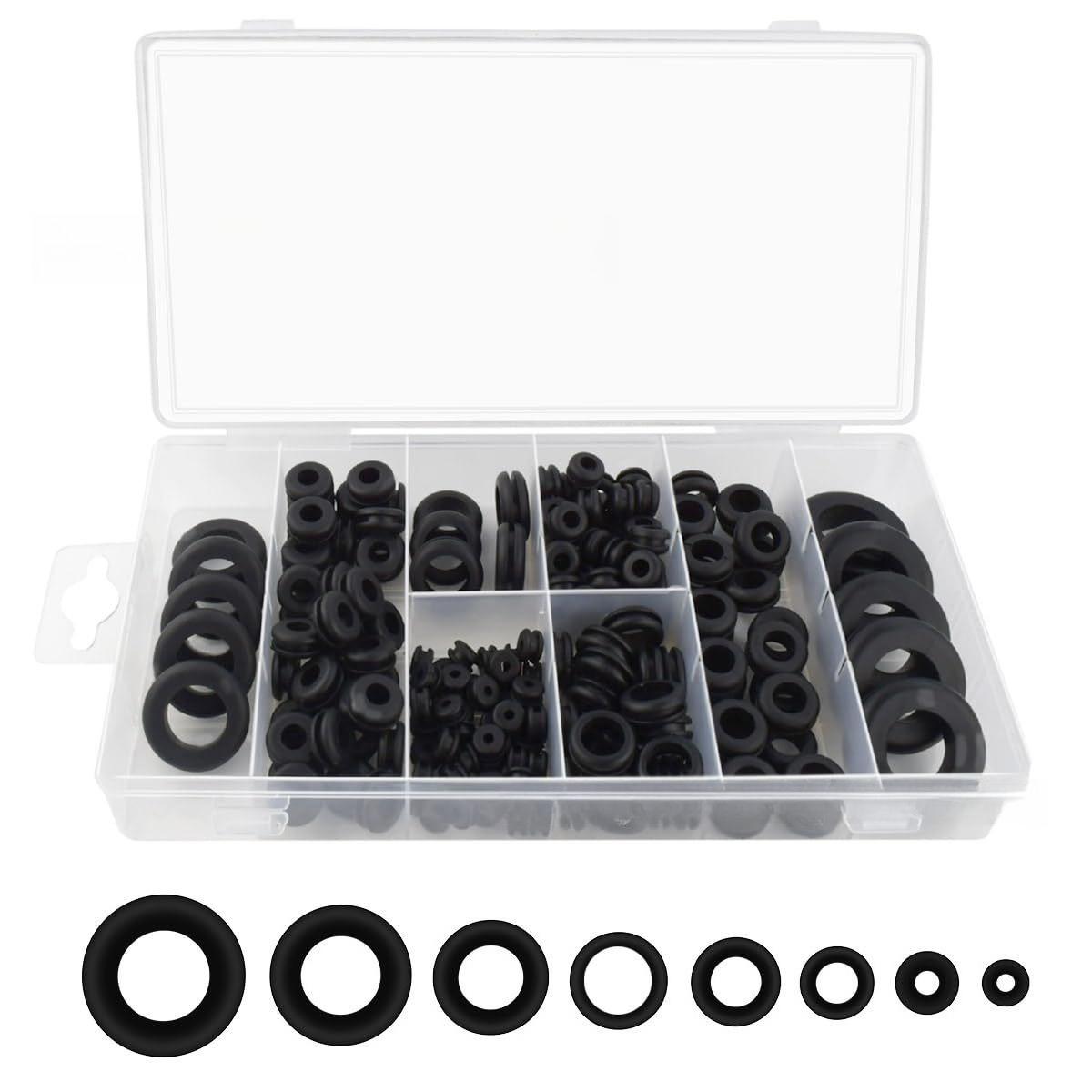 180Pcs Boxed Black Rubber Grommet M3-M18 Double Sided I-Type Wire Protector Kit