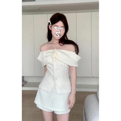 Women's Floral One-Shoulder Suit - 2024 Summer Korean Set: Shirt & High-Waisted Casual Shorts