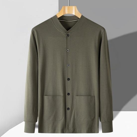

Осень-весна, мужской воротник-стойка с длинным рукавом, сплошной цвет, однобортный однобортный мягкий дышащий хлопковый карман с карманами, повседневный кардиган для мужчин средней длины
