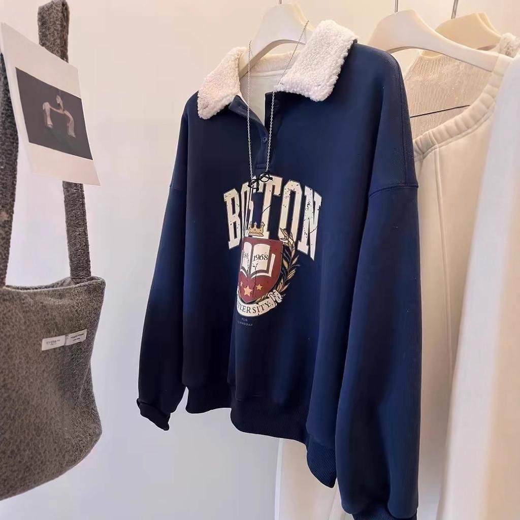 Extra-large Lapel Pullover Hoodless Fleece Sweatshirt for Women In Autumn and Winter with A Loose School Style