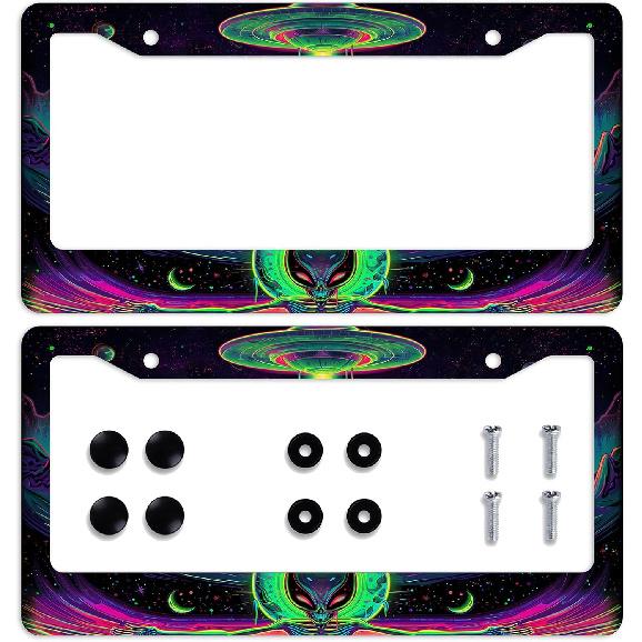 Neon Alien License Plate Frame 2 Pack UFO Outer Space Planet Galaxy Car Front License Plate Personalise License Plate Frames Rust-Proof Stainless
