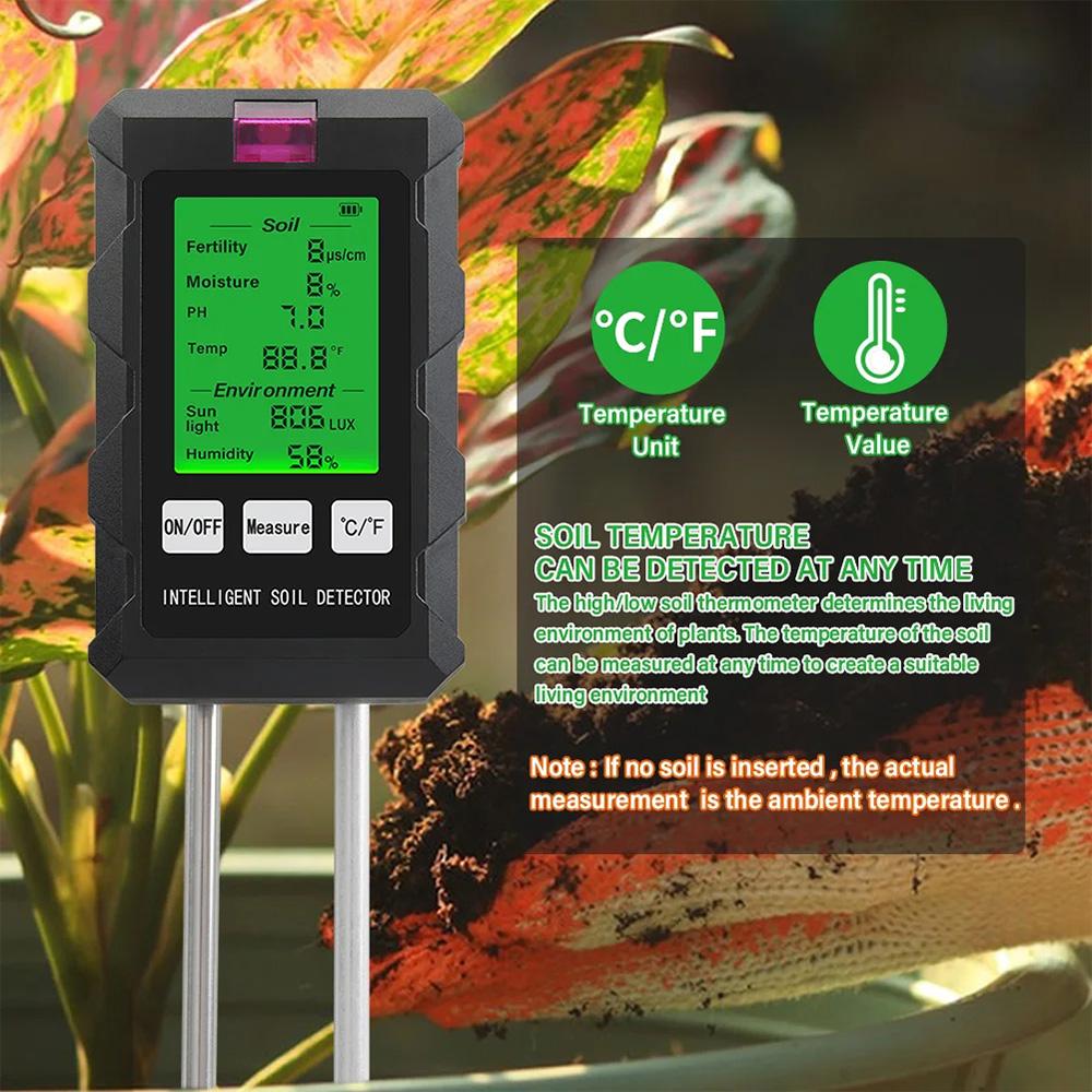 6-in-1 Intelligent Soil Tester with Dual Probe Digital Backlit Display Screen Temperature Humidity