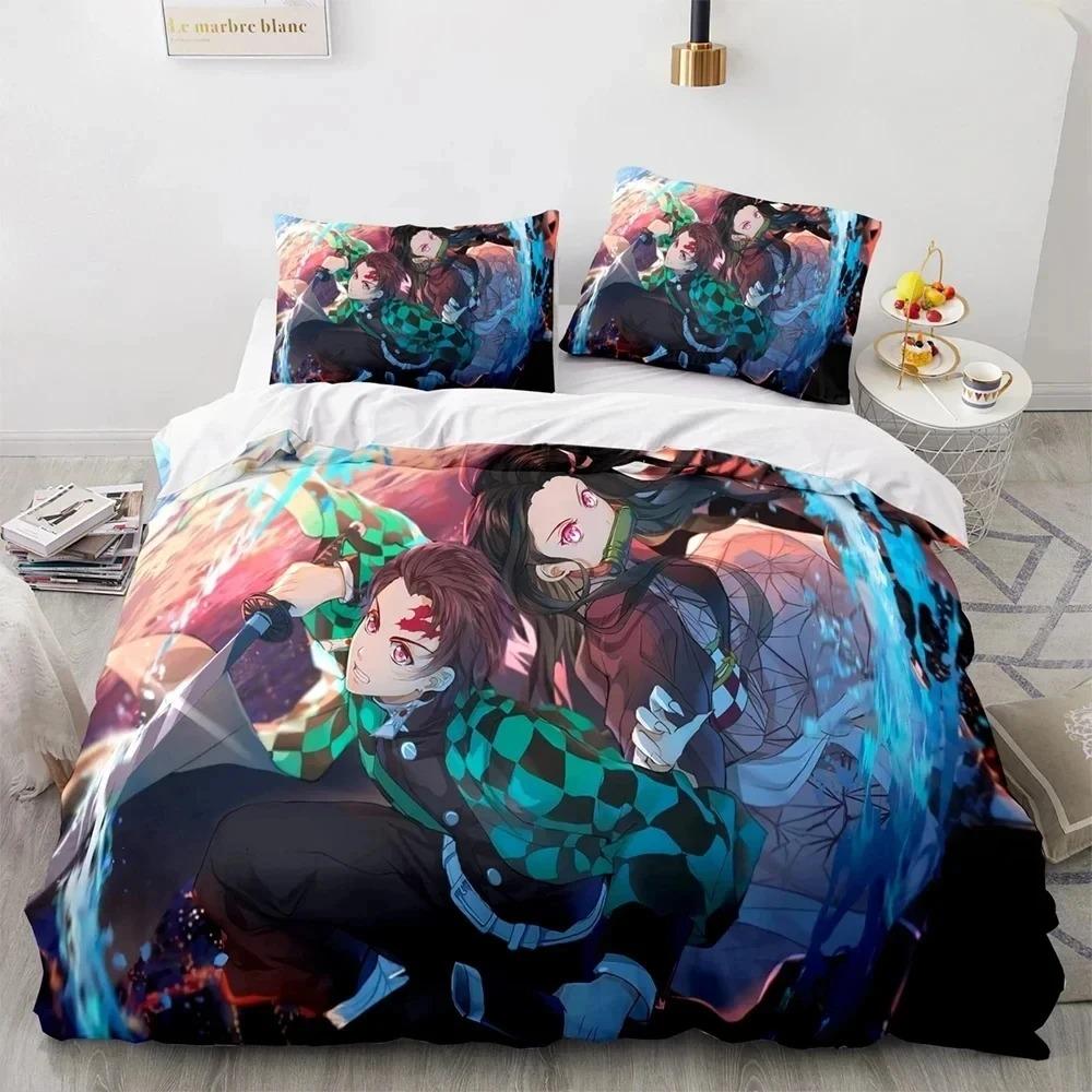 Demon Slayer Ensemble de literie 3D Anime Housse de couette Taies d'oreiller Simple Double Complet Queen King Size Garçons Filles Cadeau Décoration d'intérieur