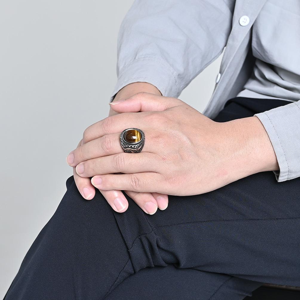 Vintage Carved Men's Ring with Tiger Eye  Turquoise Stone Inlay Black White Stainless Steel Thumb Ring Bohemian Style Jewelry for Him