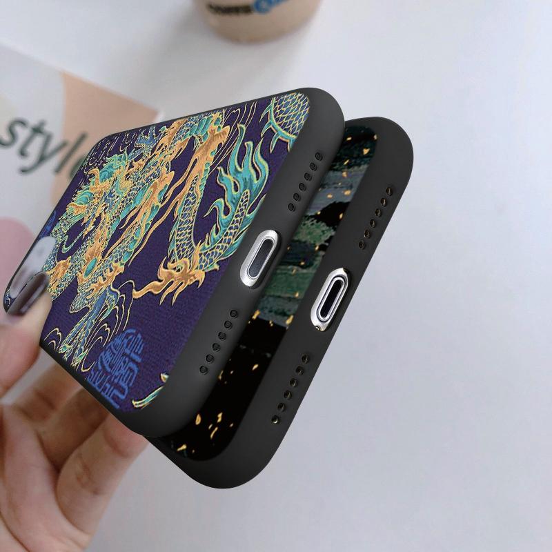 Chines Loong Patterned Soft Silicone Black Case For Xiaomi Redmi Note 13 Pro 13C Poco C65 Samsung A55 S24 iPhone Camera Protective Shockproof Cover