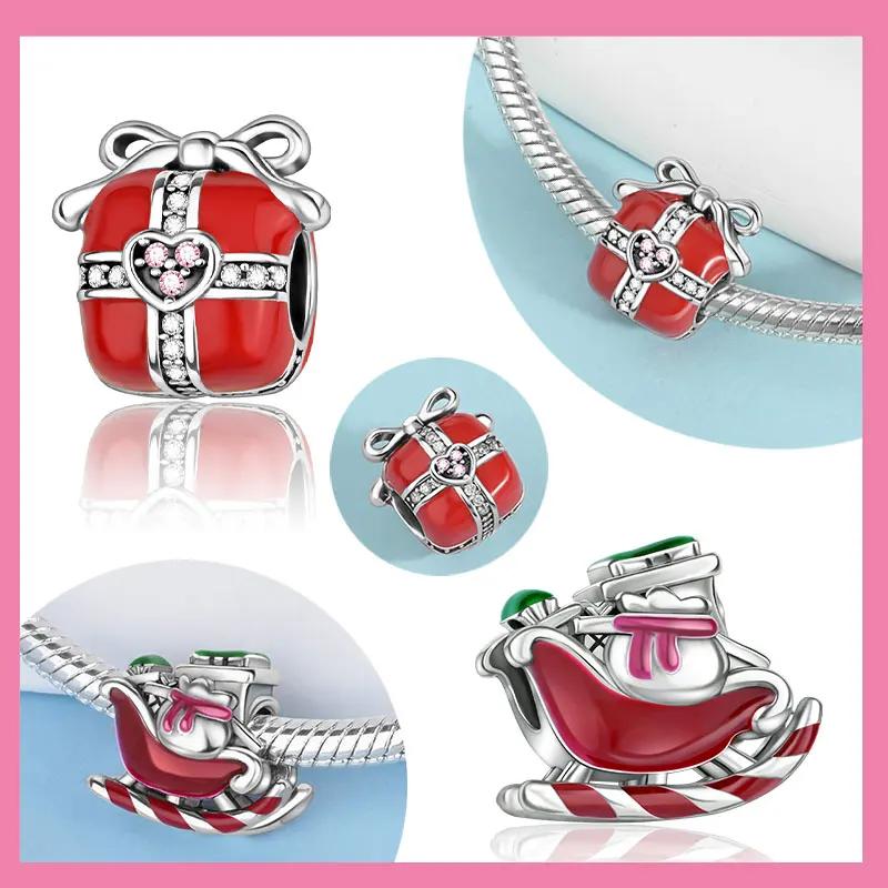 Copper Plated Original Charms Christmas Red Santa Snowman Gift Box Beads Fit Bracelet Women'S Jewelry Gift