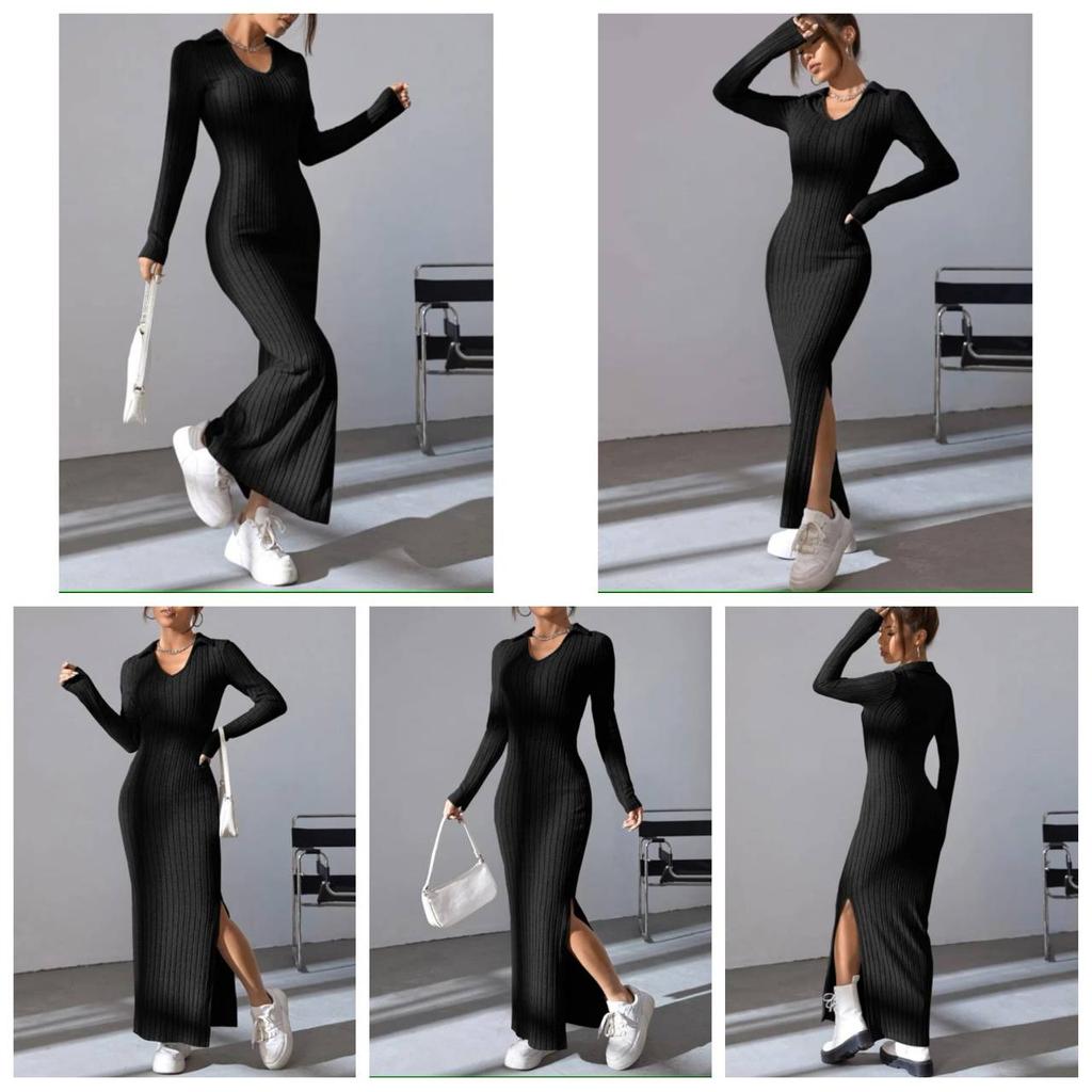 Jaro Podzim Pletený Pulovr V-výstřih Klubové Oblečení Silueta Klopa Dlouhý Rukáv Šaty Žebrované Jednobarevné Přiléhavé