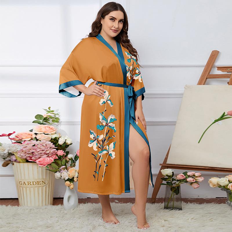 Übergröße Satin Sommer Pyjama & Bademantel Set für Damen - Leichter Luxus Eisseide