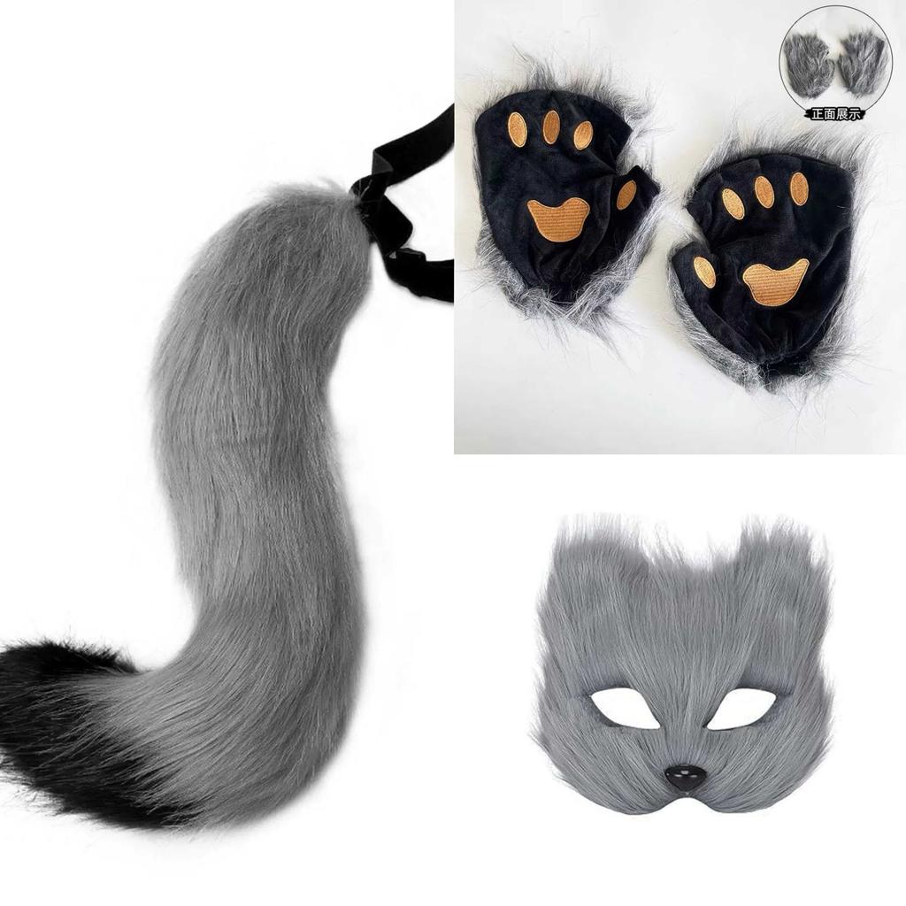 Halloween Carnival and Party Foxes Cosplay Set Including Plush Foxes Mask,Tail,Gloves Animal Dress Up Costume for Adult Cosplay