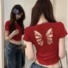 Hollow Bow Embroidery Front Shoulder Short Sleeve T-Shirt Women's Summer Navel Short Slim Skinny Spice Girl Top