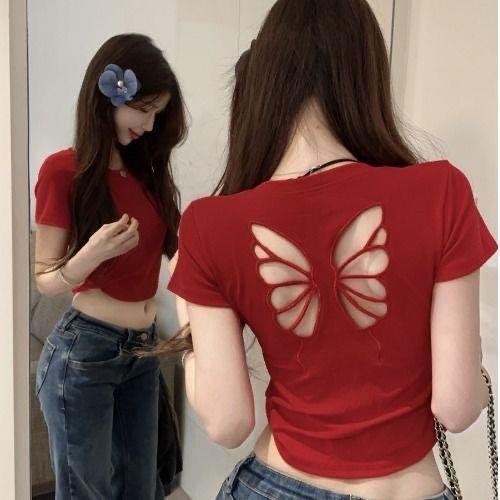Hollow Bow Embroidery Front Shoulder Short Sleeve T-Shirt Women's Summer Navel Short Slim Skinny Spice Girl Top