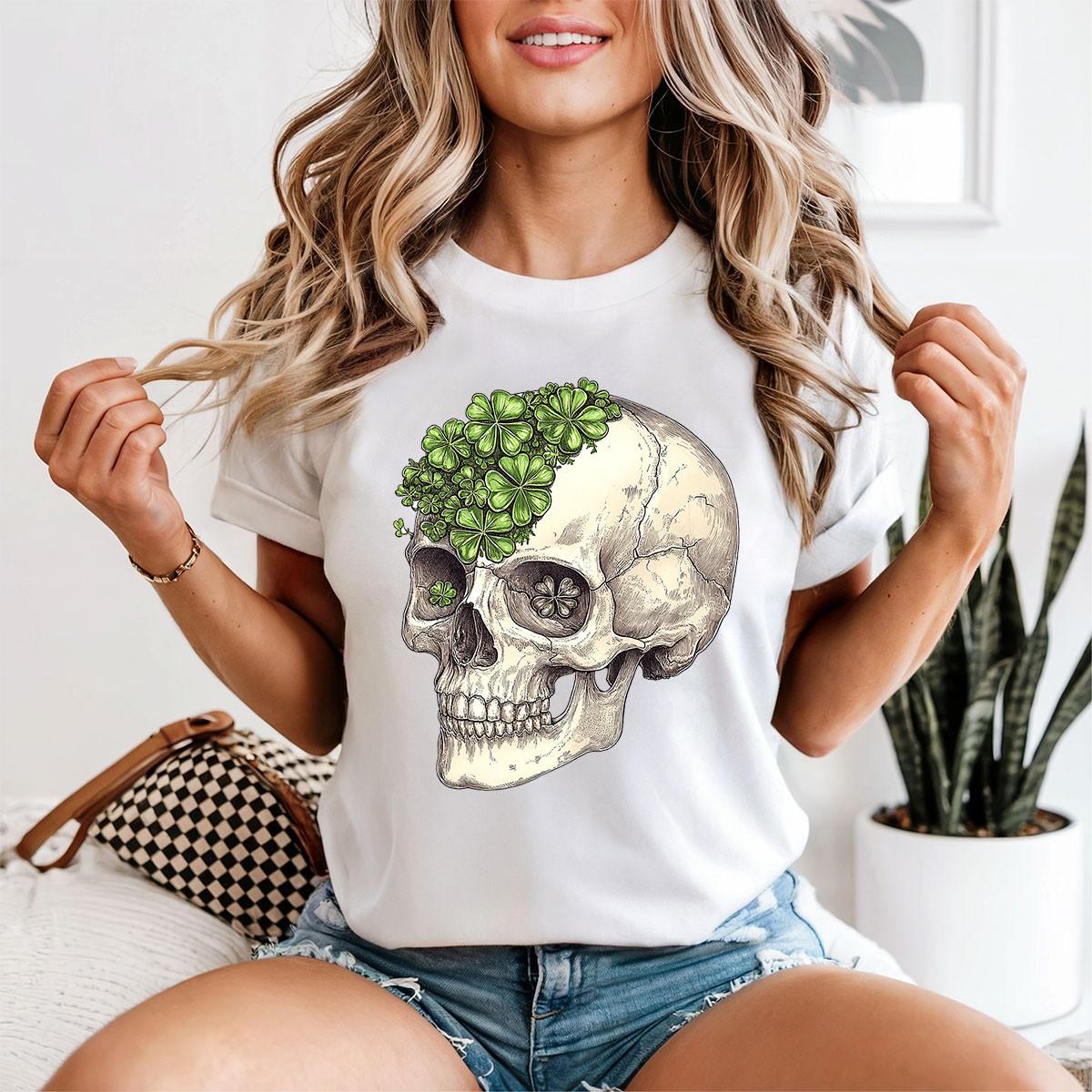 

Skull Shamrock St Patricks Day Womens 100% Cotton T-shirt Mens Tees Top Holiday Graphic S