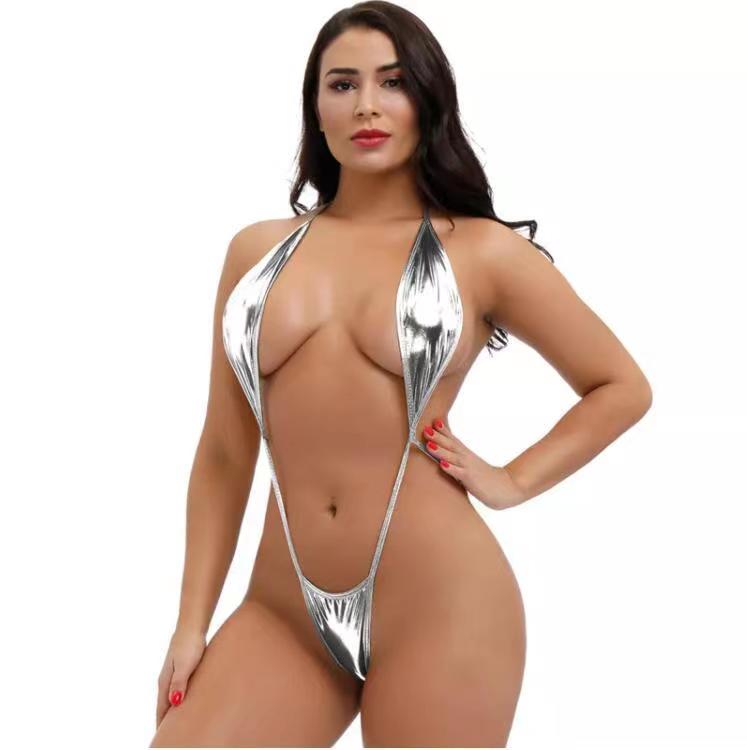 Dámský sexy body z lakované kůže s hlubokým V, mokrý vzhled, na šněrování, jednodílná metalická teddy babydoll spodní prádlo, průhledná záda bez zad