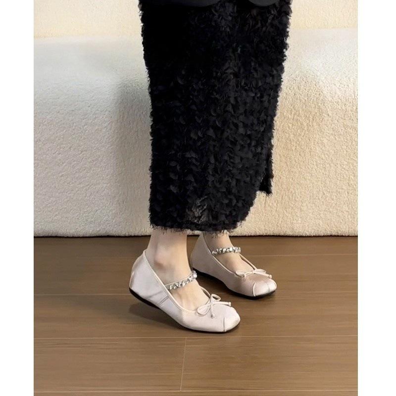 Inner Heightening Ballet Shoes Women's Flat Bow Rhinestone Mary Jane Shoes One-word Strap Shoes