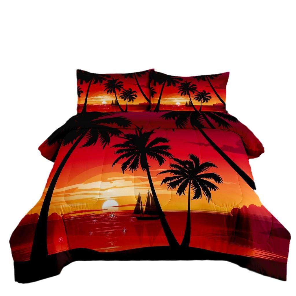 Gulf Coconut Tree Landscape Home Textiles Bedding Printing Fat Quilt Three-piece Quilt Cover Set