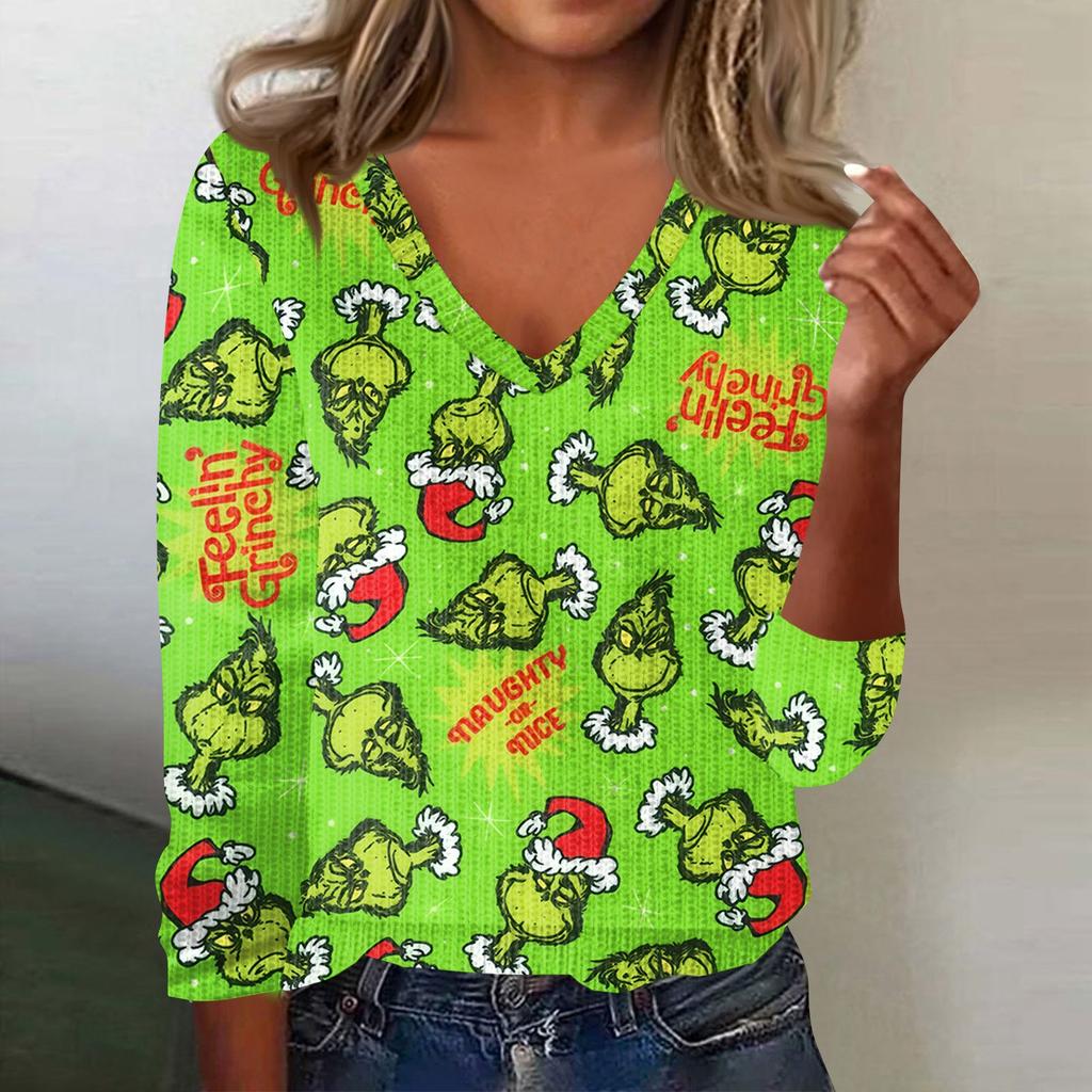 Women's Cute Sweatshirt Knitted Fashion Casual V-neck Long-sleeved  Cozy Print Top
