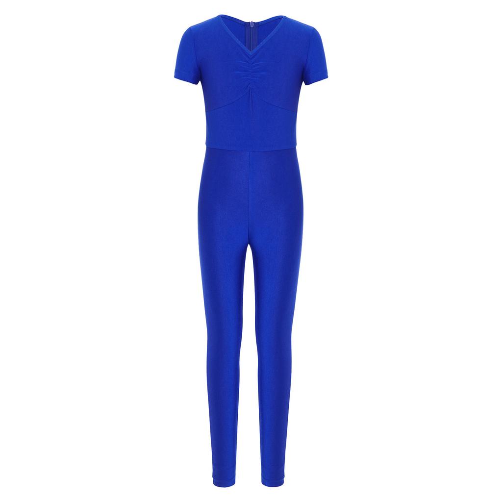 Kids Ballet Bodysuit V Neck Short Sleeve Ruched Front Leotard with Back Invisible Zipper for Gymnastics Figure Skating Performance